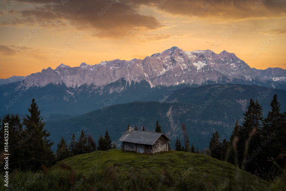 Sunset over Mountain Lakes with Hut