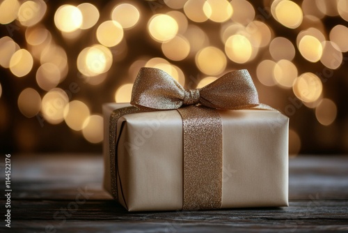 Elegant gold-wrapped gift box adorned with a shimmering bow against a backdro...
