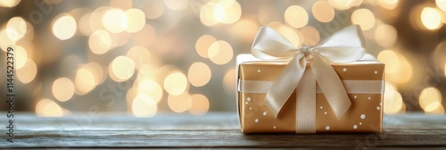 Beautifully wrapped gift box with a bow sitting on a wooden table against a b...