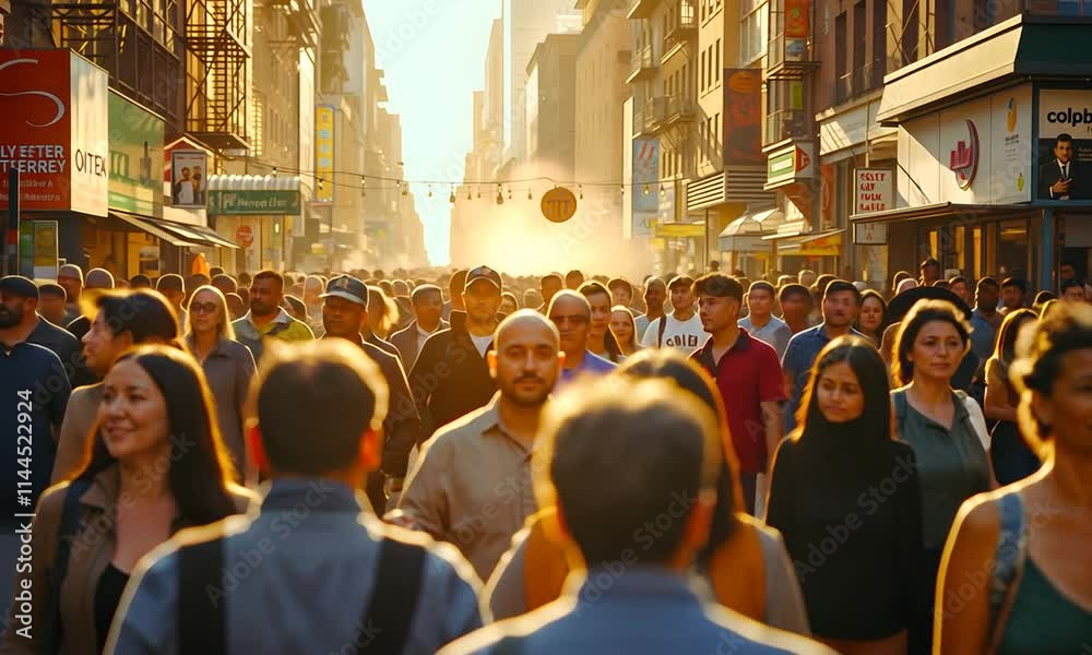 Large Group of People Walking Down Street, Busy street scene with crowds of Blurred people walking across, Animation Motion Graphic Video 