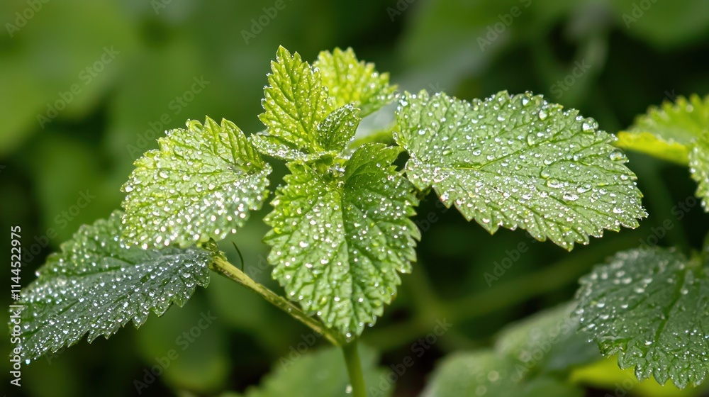 Dew-covered leaves on a plant, with the droplets clearly visible, and soft bokeh effects in the background Dew-covered leaves on a plant, with the droplets clearly visible, and soft bokeh effects in the background