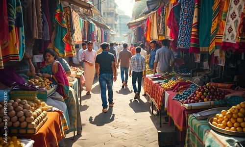 Bustling Indian market street with vibrant festive decorations, Busy street scene with crowds of Blurred people walking , Animation Motion Graphic Video 