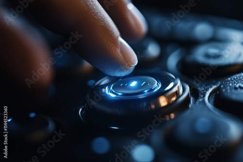 Close-up of a finger pressing a glowing button on a control panel during a high-tech operation photo