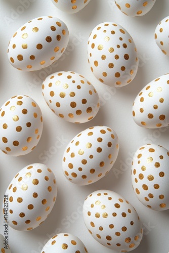 Elegant display of white eggs adorned with gold dots arranged in a harmonious...