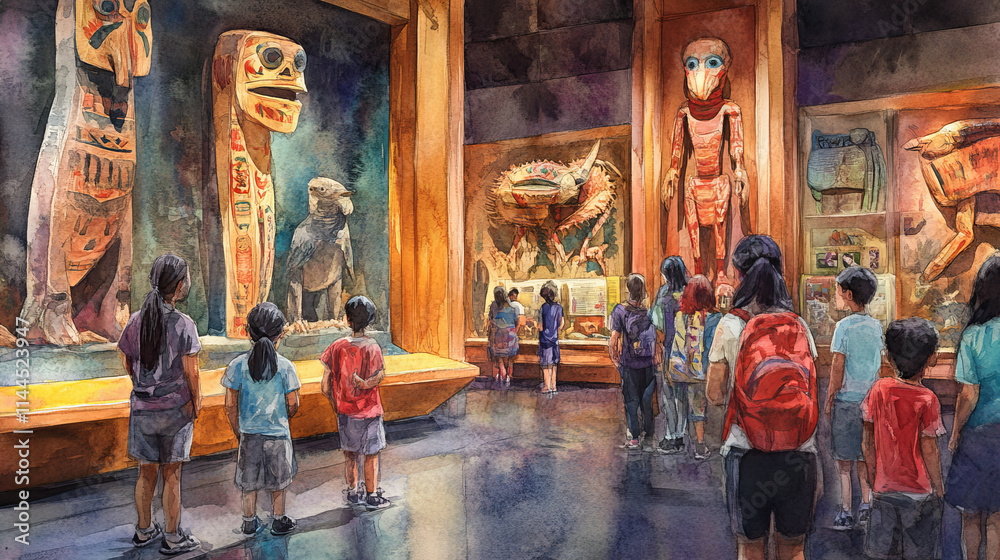 Obraz premium Children exploring vibrant museum exhibit featuring cultural artifacts, including large totem poles and traditional carvings, fostering curiosity and learning in lively environment