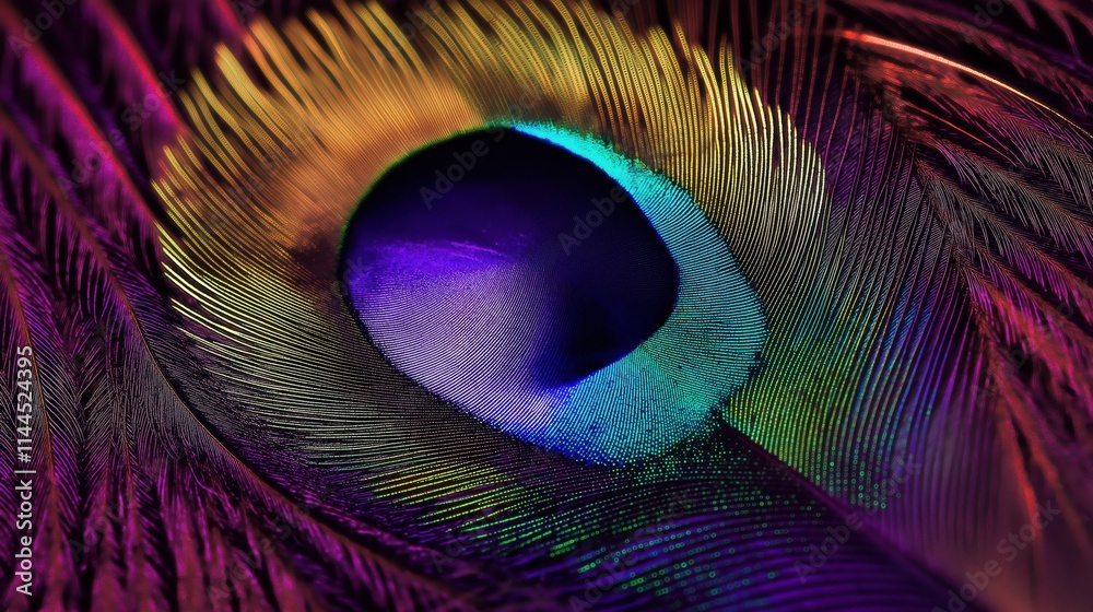 Fototapeta premium Close up of a peacock feather against a dark background