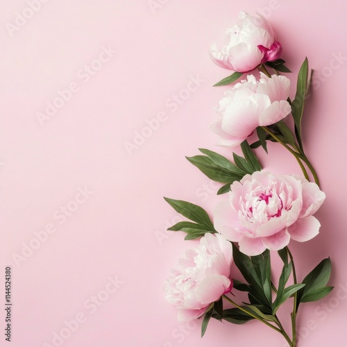 Beautiful arrangement of pink peonies on a soft pink background showcasing na...