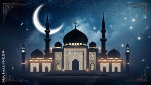 Wallpaper Mural A magnificent mosque with intricate details, glowing under a crescent moon and a starry celestial night sky. Torontodigital.ca