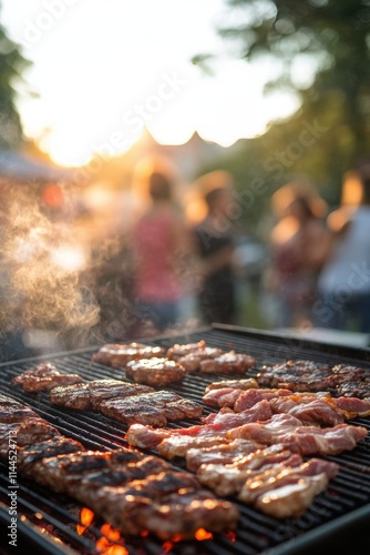 Cooking delicious grilled meat at a summer barbecue during sunset in a lively...