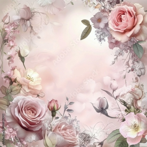 Beautiful arrangement of pink roses and delicate blossoms creates an elegant ...