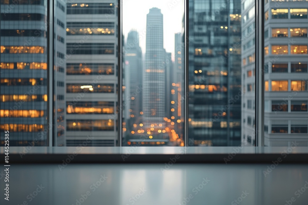 City skyline view through large office windows at dusk with lights illuminating tall buildings City skyline view through large office windows at dusk with lights illuminating tall buildings