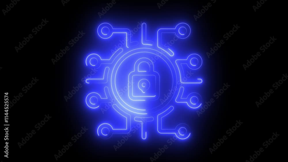 Cyber security icon animation by blue color neon on black background. Cyber security icon animation by blue color neon on black background.