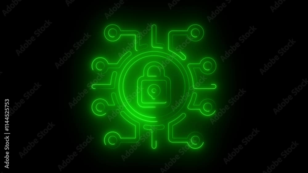 Cyber security icon animation by green color neon on black background. Cyber security icon animation by green color neon on black background.