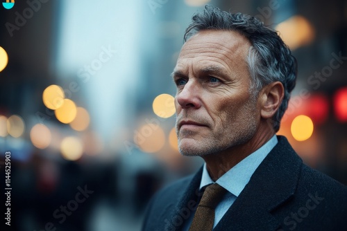 Urban businessman reflects on city life during a rainy afternoon in a bustling downtown area photo