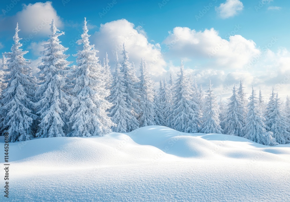 Beautiful Winter Landscape with Snow-Covered Trees and Blue Sky, Tranquil Scene of Nature in a Cold Season, Perfect for Seasonal or Holiday Themes Beautiful Winter Landscape with Snow-Covered Trees and Blue Sky, Tranquil Scene of Nature in a Cold Season, Perfect for Seasonal or Holiday Themes