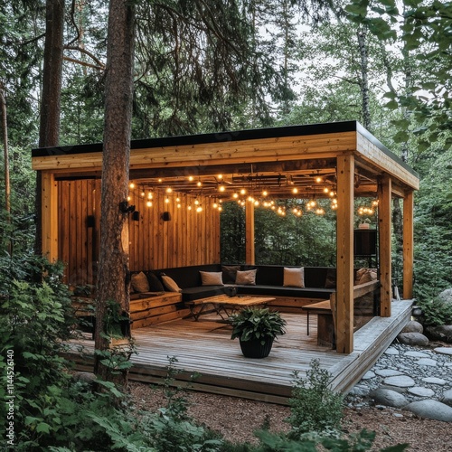 Cozy outdoor lounge area decorated with string lights and surrounded by lush ...