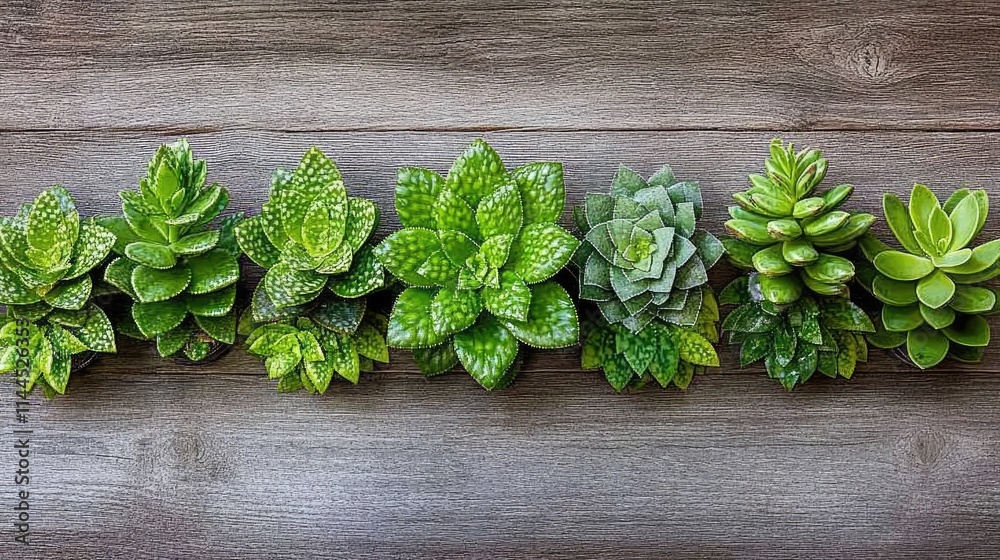 Fototapeta premium Dew-kissed aloe vera plants in a lush arrangement, set against a rustic wooden table background, emphasizing organic beauty