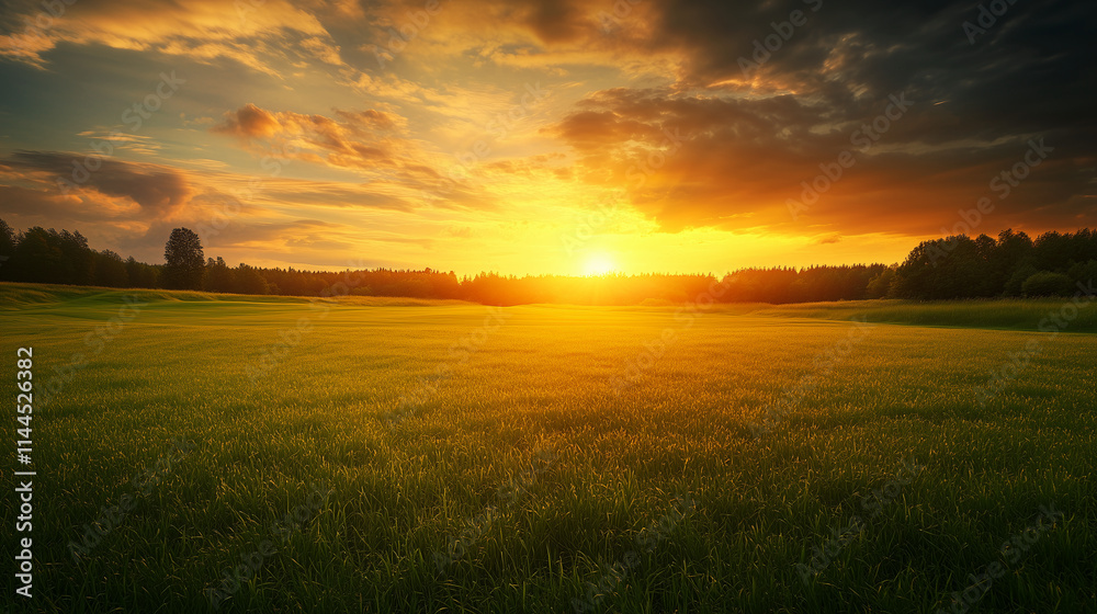 Sunset on a golf course, with the sun's light spreading across the green, creating a peaceful scene. Sunset on a golf course, with the sun's light spreading across the green, creating a peaceful scene.