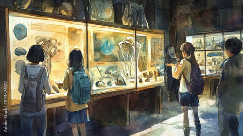 Children exploring museum exhibit with illuminated artifacts, fossils, and historical displays, fostering curiosity and learning in warm, educational environment