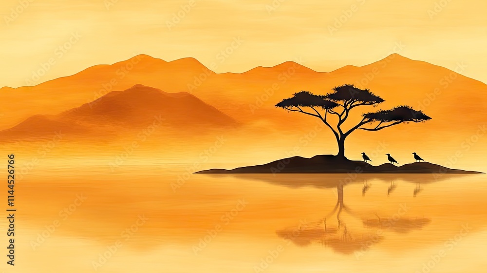 Obraz premium Dreamlike enchanted rose tree surrounded by soft mist and golden light, with birds perched peacefully among its branches