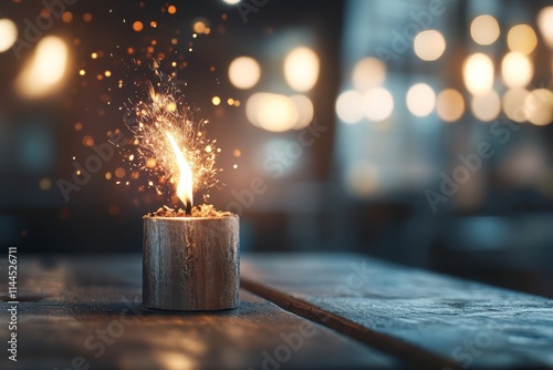 Sparkling candle flame illuminates a cozy space with a warm atmosphere and soft bokeh lights during evening hours photo