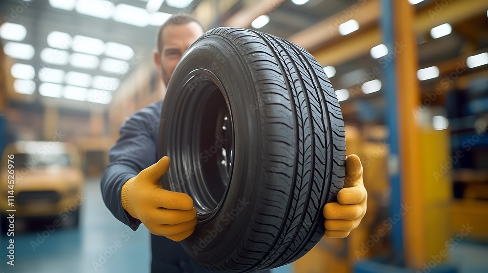 Mechanic Displaying Tire Within Automotive Shop Full of Yellow Machinery : Generative AI Mechanic Displaying Tire Within Automotive Shop Full of Yellow Machinery : Generative AI