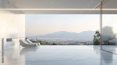 Contemporary Interior Design with Floor-to-Ceiling Window Overlooking Mountains : Generative AI