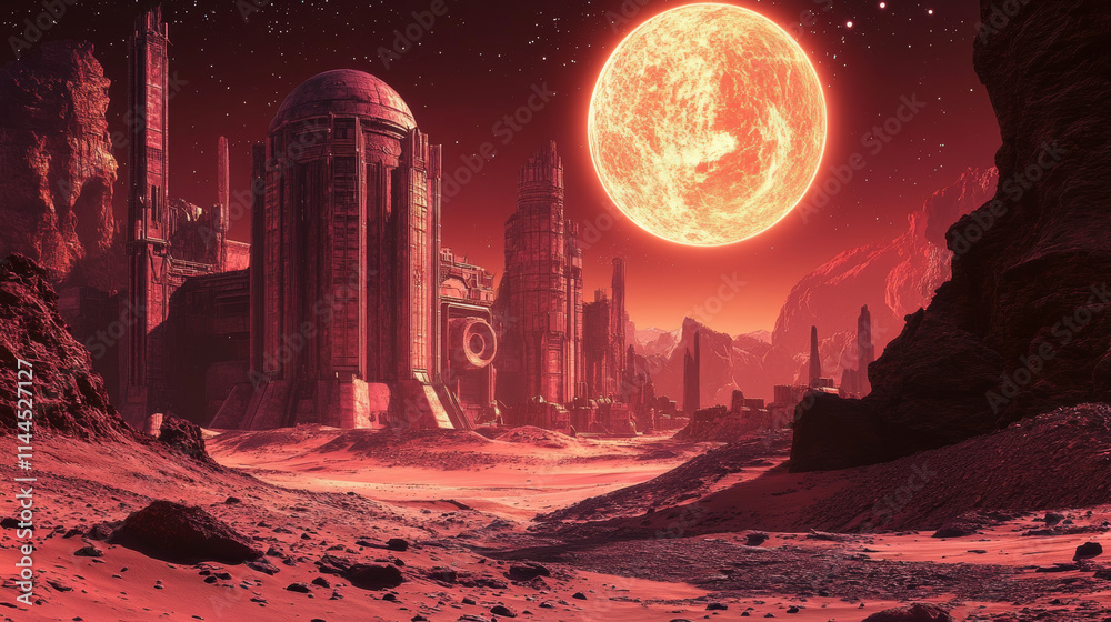 ภาพประกอบสต็อก Space game futuristic landscape of alien planet with ...