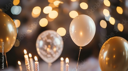 A close-up of elegantly arranged party decorations, including balloons and candles, at a birthday celebration