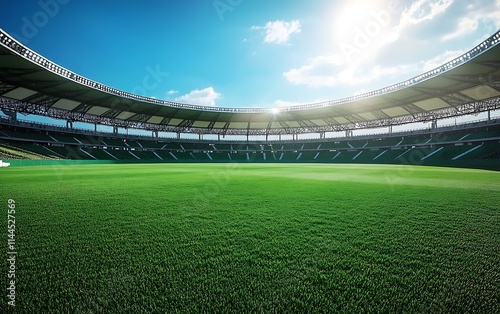 Empty modern stadium with green field, bright sunlight and blue sky.