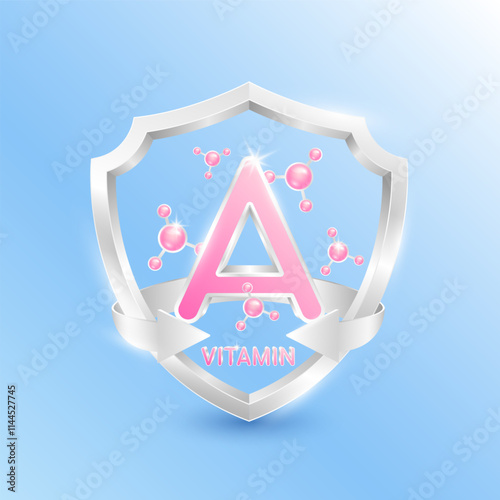 Pink vitamin A in silver shield with atom molecules surrounded by arrows. Nutrients necessary for building immunity and protect the body stay healthy. For nutrition products food. 3D Vector.