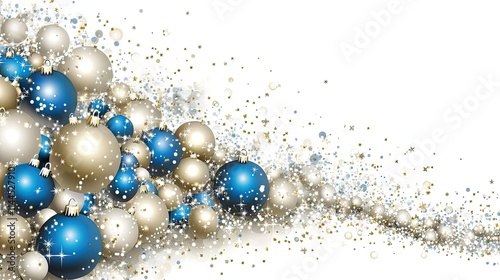 Elegant festive design with blue and silver ornaments scattered on a white backdrop, providing space for text and seasonal greetings