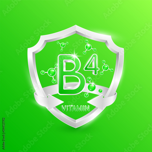 Green vitamin B4 in silver shield with atom molecules surrounded by arrows. Nutrients necessary for building immunity and protect the body stay healthy. For nutrition products food. 3D Vector.