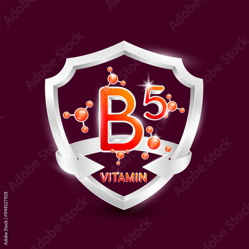 Red vitamin B5 in silver shield with atom molecules surrounded by arrows. Nutrients necessary for building immunity and protect the body stay healthy. For nutrition products food. 3D Vector.
