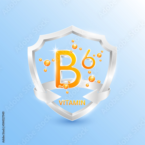 Orange vitamin B6 in silver shield with atom molecules surrounded by arrows. Nutrients necessary for building immunity and protect the body stay healthy. For nutrition products food. 3D Vector.