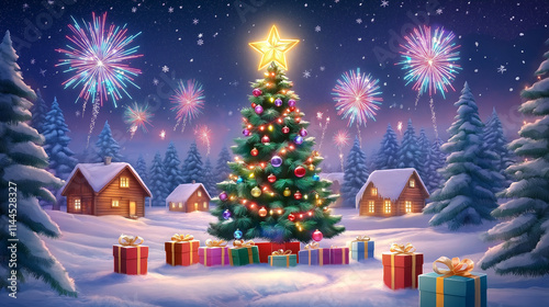 Wallpaper Mural A Cozy Winter Celebration Christmas Tree and Fireworks Under Starry Skies Torontodigital.ca