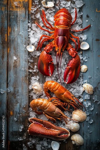 Freshly caught lobster and shellfish arranged on a rustic wooden surface with ice and seashells in a natural photo