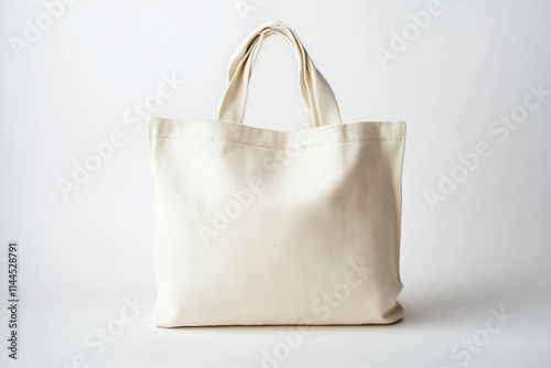 Cotton canvas tote bag mockup, blank and plain white background, product photography, no text or logo on the front of it.
