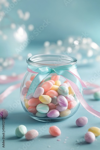 Colorful candy jar filled with pastel candies and decorated with a pink ribbo...