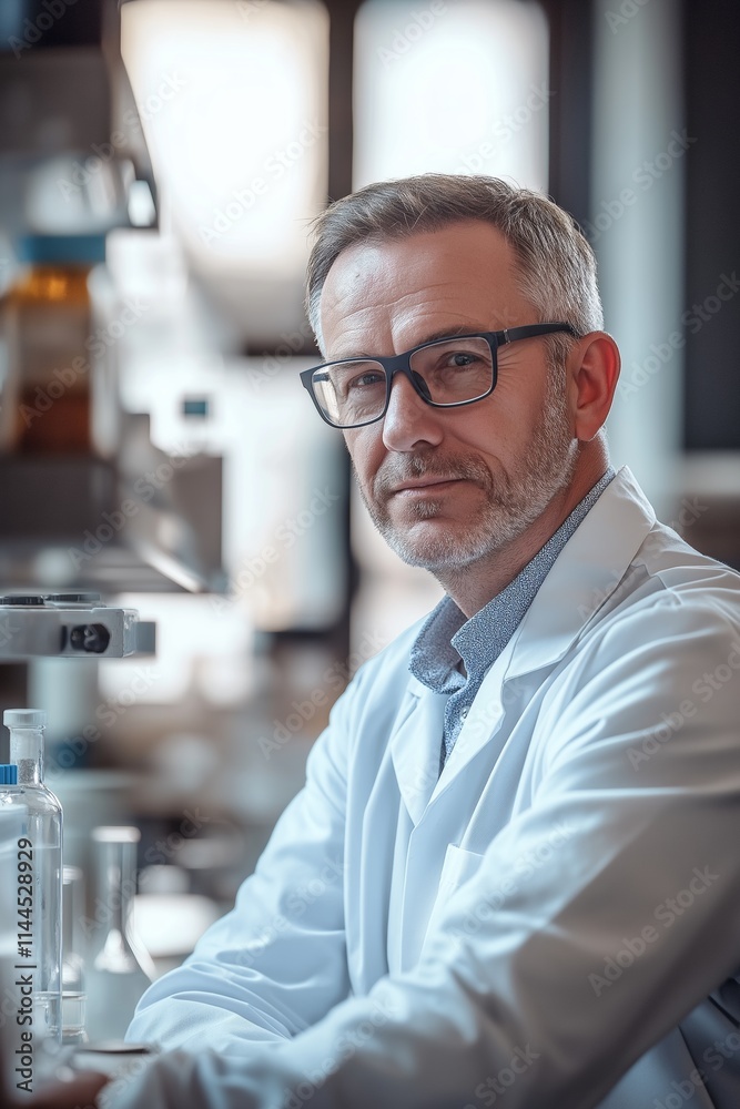 A serious scientist working in a laboratory surrounded by beakers and experiments in progress. A serious scientist working in a laboratory surrounded by beakers and experiments in progress.