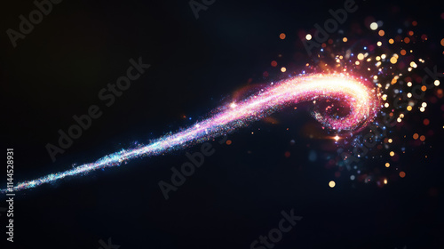 Magic wand with wizard spell sparkle light vector. Magician fairy glitter trail effect with glowing stick on black background. Fantasy spiral vortex shine isolated Fairytale abracadabra wish neon line