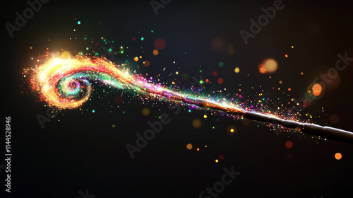 Magic wand with wizard spell sparkle light vector. Magician fairy glitter trail effect with glowing stick on black background. Fantasy spiral vortex shine isolated Fairytale abracadabra wish neon line