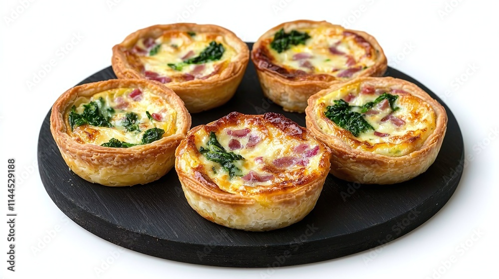 Delicious Mini Quiches with Spinach and Ham on Dark Tray Delicious Mini Quiches with Spinach and Ham on Dark Tray