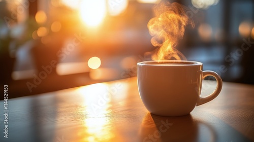 Warm cup of coffee rests on a table as sunlight streams through the window in...