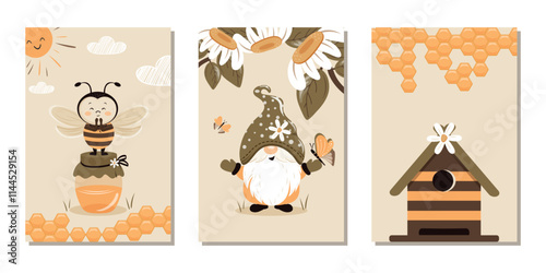 A set of children's templates for postcards, covers, banners, posters with a garden gnome, a bee, a bee house, flowers and beekeeping elements. Vector design