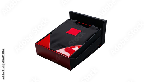 Premium black box with glossy red stripes, designed for hoodies, combining elegance and modernity in a sleek finish. photo