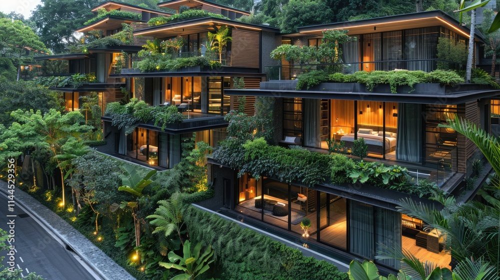 Modern hillside residences with lush greenery and warm lighting. Modern hillside residences with lush greenery and warm lighting.