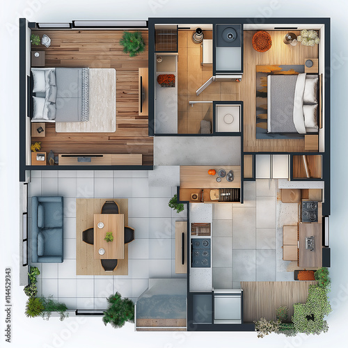 A top view of the floor plan for an apartment with two living rooms, one bedroom, and a kitchen. 