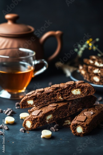 Delicious chocolate biscotti with hazelnuts served alongside a warm cup of te...