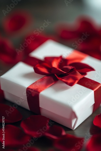 Elegant gift wrapped in white paper with red ribbon surrounded by rose petals...